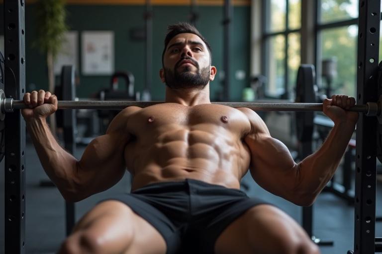A man performing a flat bench press in a gym. He has a muscular physique and is focused on lifting a barbell with heavy weights. The surroundings include gym equipment and large windows that let in natural light.