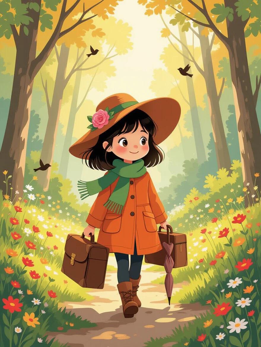 Illustration depicts a girl walking in a forest. She has black shoulder-length hair. She wears a wide-brimmed brown hat decorated with a pink rose and green ribbon. The girl is in an orange coat and a green scarf. She carries a vintage brown suitcase and an umbrella. The path is surrounded by wildflowers and moss. Birds are fluttering around. Sunlight beams shine through the trees.
