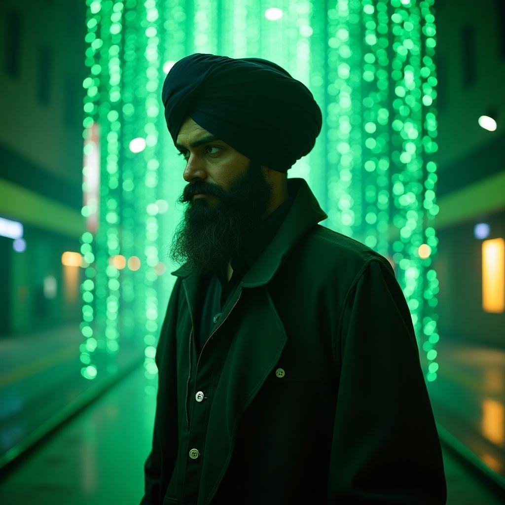 A character inspired by anime and Sikh culture. Scene set in a neon-lit environment resembling the Matrix. Features include a turban and beard, combined with vibrant green lights.