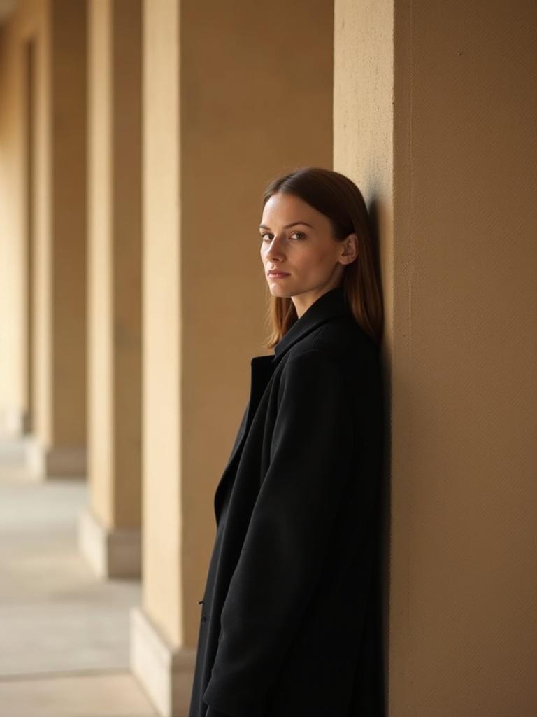 A woman in a black coat leans against a wall in a colonnade, exuding a contemplative gaze.