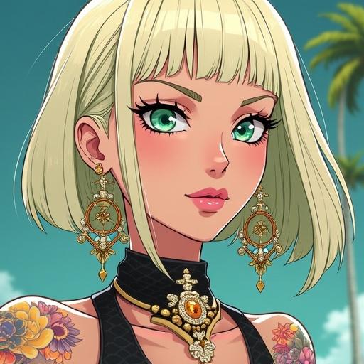 Anime woman in 2125. 40 years old. Features emerald green eyes and a beautiful face. Has oversized light blonde blunt bob hairstyle. Wears light pink diamond jewelry. Styled in futuristic hip hop printed streetwear. Represents half Japanese, half Saiyan identity. Height 6'1 with strong physique. Exhibits big breasts, muscular arms, and 6 pack abs. Adorned with light pink lipstick and white eyeshadow. Displays colorful traditional Japanese tattoos. Presents a classy look with golden lotus prints. Embodies an A-list celebrity presence. Shows a cybernetic right leg.