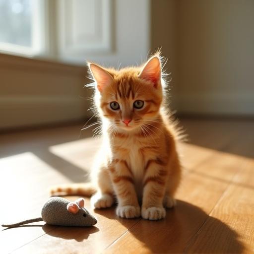 A small fluffy ginger kitten sits in a well-kept empty room. The room has polished hardwood floors and neutral walls. Soft afternoon light shines through large windows. A plush mouse toy lies close to the kitten. The kitten has vibrant orange fur and round eyes. It looks wistfully at the ground. The atmosphere is quiet and melancholic.
