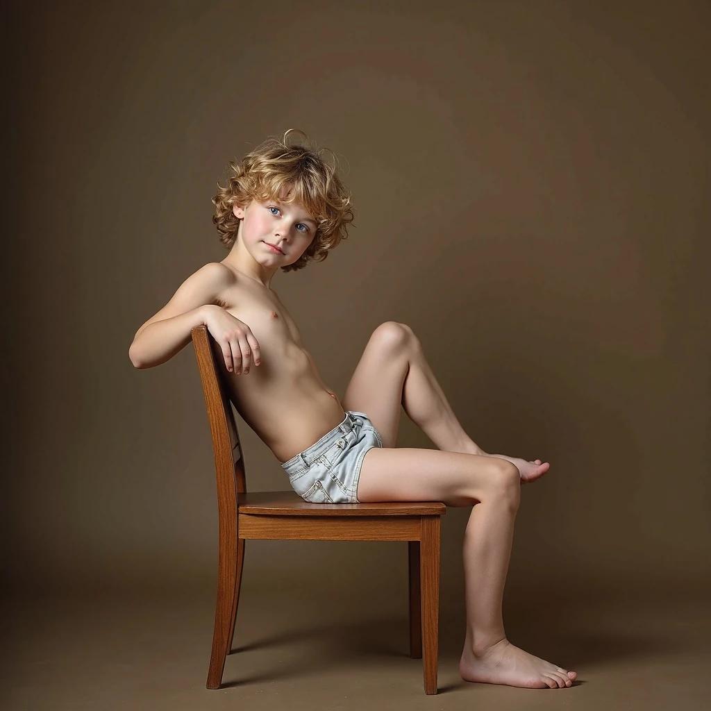 Shirtless boy relaxing on a chair. Boy has wavy dirty blonde hair. One leg bent on the chair. Background is muted colors. Scene captures youthful vitality and comfort.