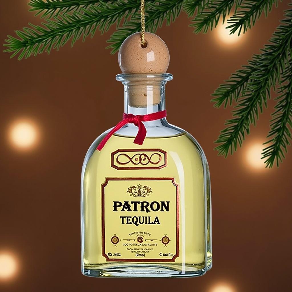 Design a Christmas ornament in the shape of a Patron Tequila bottle. The ornament should be glass with a cork top and a red ribbon bow. The background should be festive with warm lighting.