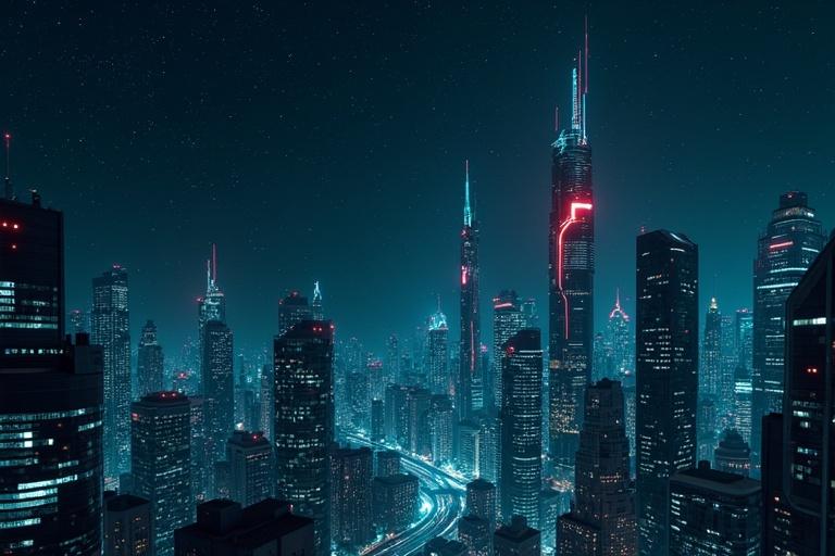 Futuristic cityscape with glowing buildings. Starry dark blue sky overhead. Red cracks in tall structures. Green and blue digital lines running between buildings.