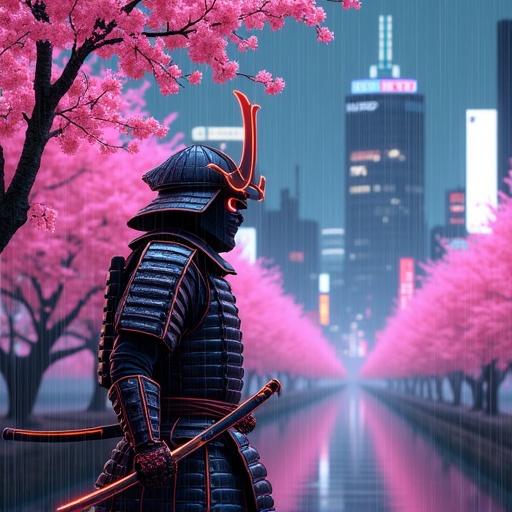 A lone samurai warrior clad in traditional armor with glowing neon lines. The warrior stands in an action pose. Electric cherry blossoms emit a vibrant light. Rain appears as stylized waves. The background combines traditional Edo-era scenery with a neon-lit cyberpunk city.