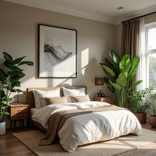 Image of a bedroom with abundant indoor plants and luxurious furniture. There is a space on the wall for a painting.