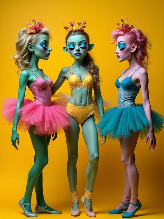Surreal whimsical portrait featuring three bikini ballerinas. Dressed in eccentric attire of shades and tones of green, magenta, yellow, and blue with intricate details. Background is yellow ocher and burnt sienna.