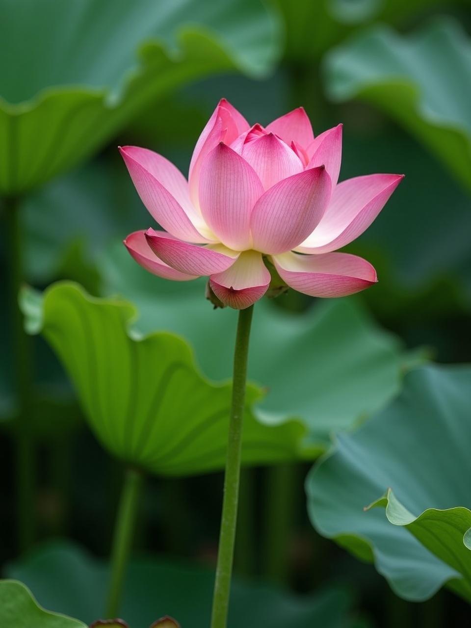 This photograph captures a beautifully vibrant pink lotus flower in full bloom, standing gracefully amidst a backdrop of lush green leaves. The soft lighting accentuates the delicate texture of the petals, creating a serene and tranquil atmosphere. The image embodies natural elegance and the serene beauty of a quiet pond.