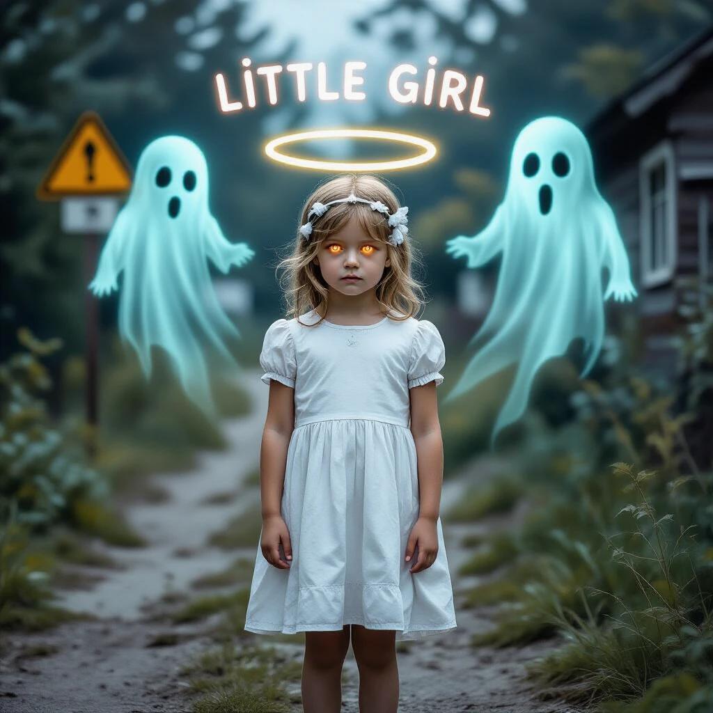 A little girl in a white dress stands still. Ghostly warning signs appear around her head like a halo. Her eyes glow faintly. A soft glitch horror atmosphere surrounds the scene.