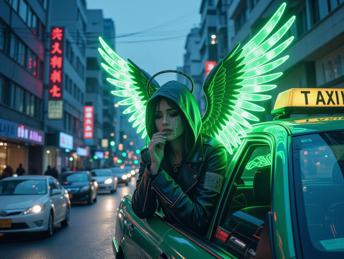Crying girl with neon angel wings leaning outside taxi in urban setting. Dark streets illuminated by neon lights. Mood of sadness mixed with futuristic elements.