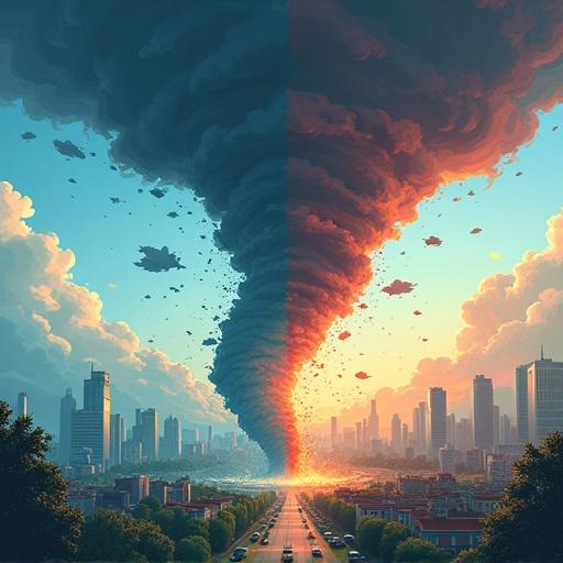 An image showing a split screen. Left side displays a small tornado, right side shows a large tornado causing chaos in a city. Style resembles a 2D game.