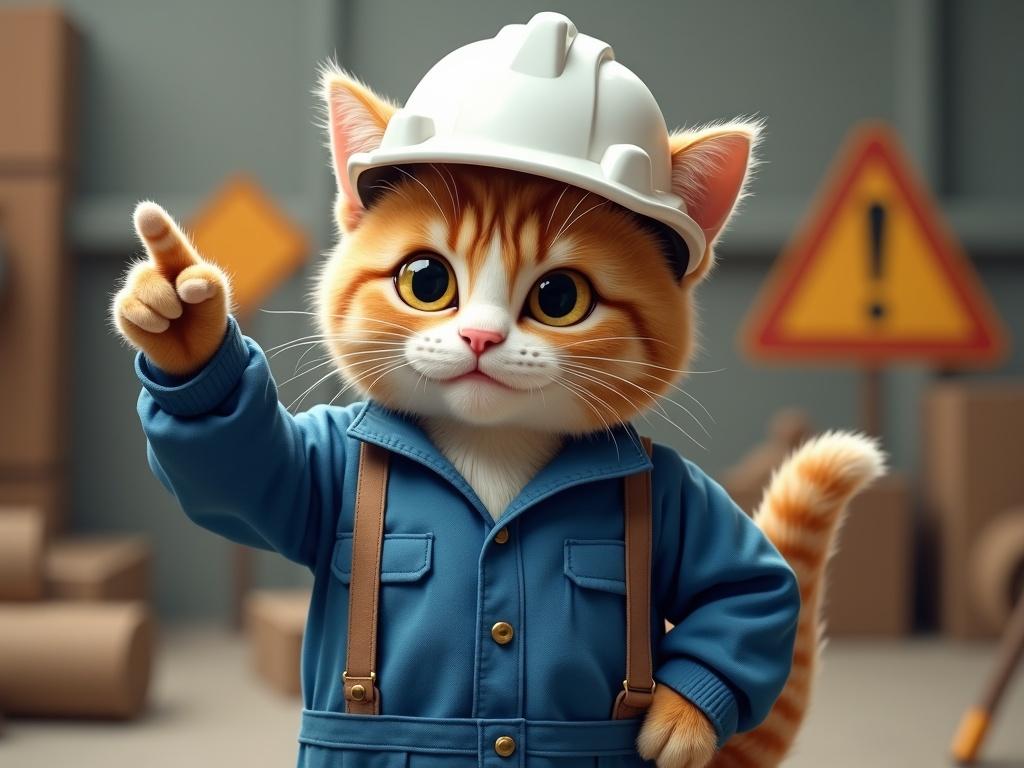 A semi-realistic cat wearing a white hard hat and blue work uniform stands upright. One paw points forward confidently. The cat has a satisfied and proud expression. Eyes are slightly squinted. Tail is curled neatly. The background shows an industrial scene with construction signs. The cat poses comically for workplace safety.