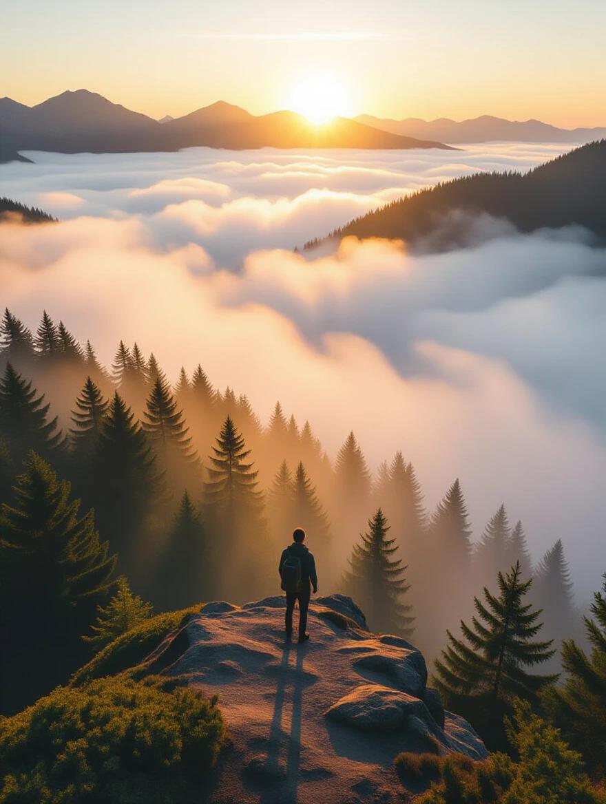 Hiker stands on a cliff overlooking misty forests. Sunrise creates a warm, tranquil atmosphere. Aerial perspective emphasizes solitude and freedom. Cinematic colors enhance the scene.