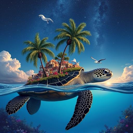 A massive sea turtle carries a village on its back. Palm trees tower over vibrant flowers. Seagulls fly around the turtle. A dark sky sparkles with the Milky Way and a comet in the background.