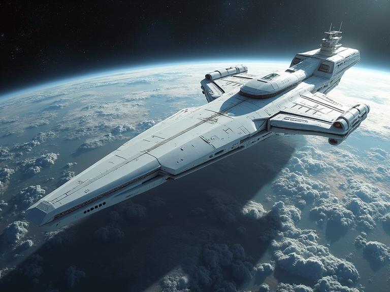 A huge white sci-fi ship with a smooth, sleek hull and deep grooves. The ship resembles a standing letter I and floats above a planet's atmosphere. It showcases details and realism with shadows, textures, and soft reflections.