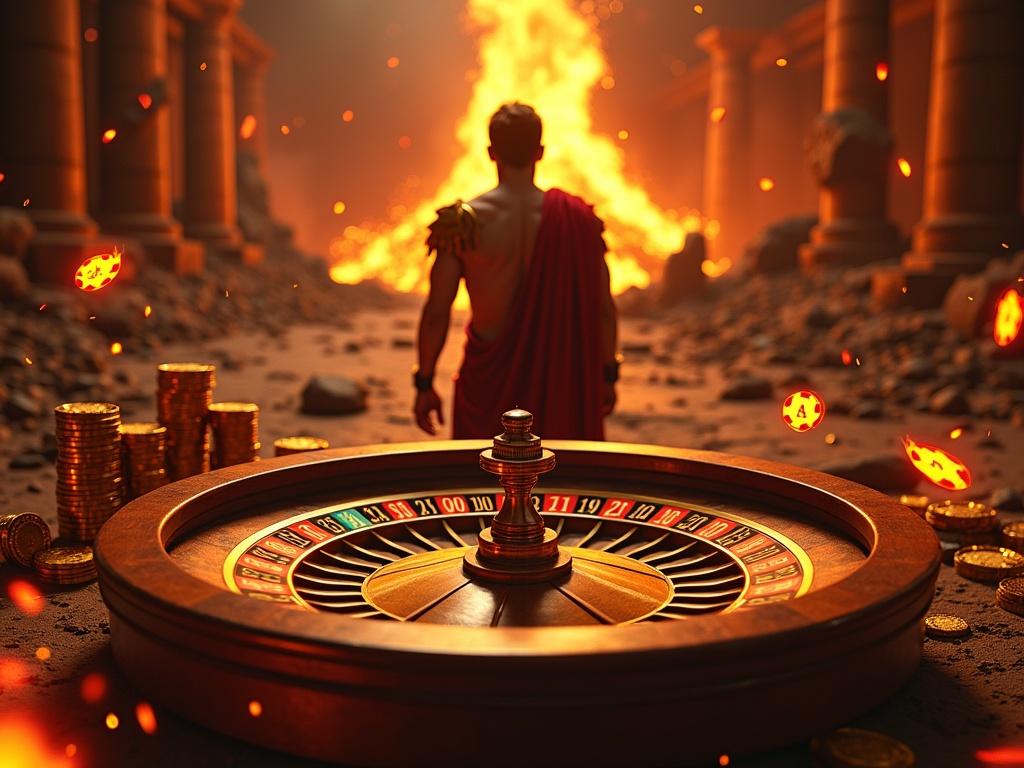 A dramatic Roman-era casino scene featuring a character in a gladiatorial outfit, surrounded by lava flows and ancient ruins. In the background, a volcano erupts, casting a fiery glow. Decorative elements include golden roulette wheels, floating poker chips, and glowing dice scattered throughout. Card symbols appear in flames, adding to the intensity. Spark effects enhance the atmosphere, which feels both epic and luxurious, evoking excitement and high stakes.