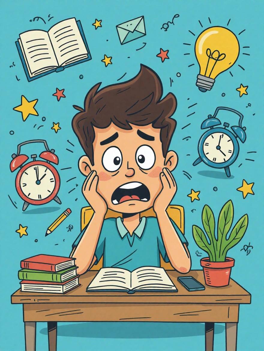 Cartoon drawing depicting a stressed student sitting at a desk. Books and study materials are on the table. Surrounding elements include alarm clocks, a light bulb, and stars to indicate stress.