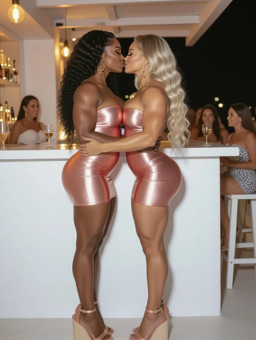 Two female bodybuilders with extreme proportions embrace at a Mykonos bar. One is black with long curly hair. The other is white with long wavy hair. Both wear tight rose gold dresses and high espadrille heels. They pose affectionately in a vibrant nightlife setting.