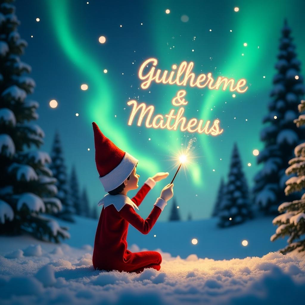 The image captures the essence of Christmas magic with an elf on the shelf in a snowy winter wonderland. The elf sits contentedly, back to the viewer, facing a stunning sky illuminated with northern lights. Holding a magical wand, it writes names in sparkling light above. The names 'Guilherme' and 'Matheus' are showcased prominently, evoking a sense of wonder. Snow-covered evergreen trees fill the background, enhancing the festive atmosphere. This whimsical scene invites viewers to embrace the joys of the holiday season.