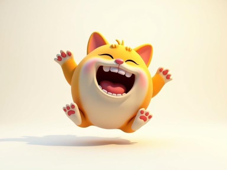 Contrasting front view of a floating laughing fat cat. Clean white background. 3D mobile illustration style. Bright colors and cheerful expression. Suitable for animation and merchandise.