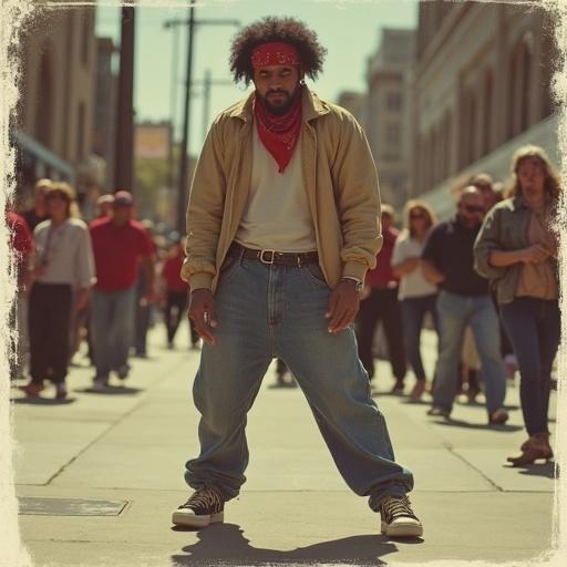 A grainy image in the style of 1990s Polaroid. Scene features breakdancing movement on a city street. Individual dressed in baggy hip-hop attire wearing red bandana. Urban environment with pedestrians apparent in the background.