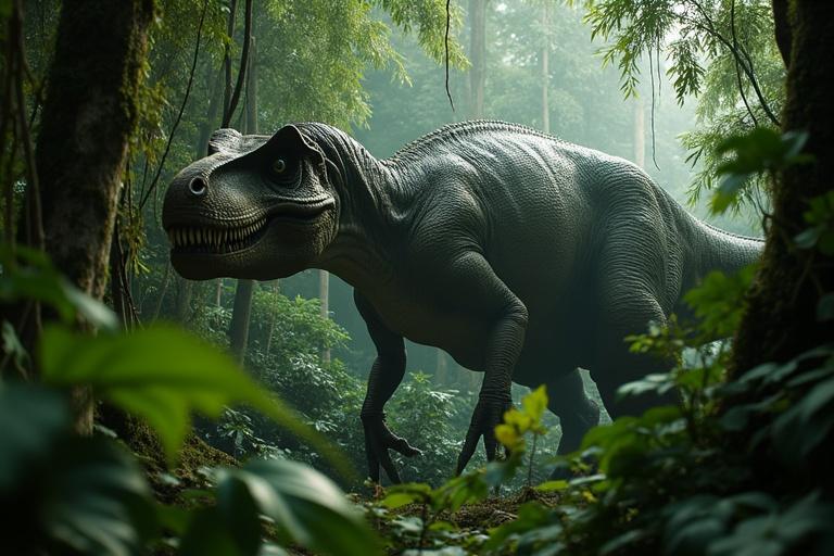 Camera moves through dense jungle revealing massive T-Rex. Scaled skin camouflaged with jungle. Dappled light through leaves. Eye glinting in shadows. Low camera perspective creates tension. Soundscape of insects and distant birds. Eerie stillness surrounds beast. Scene builds anticipation for predator's reveal.