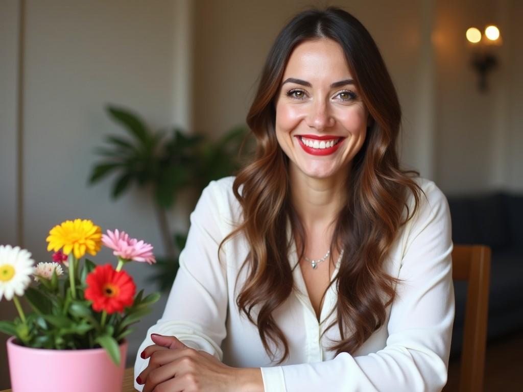 a smiling woman sitting indoors with colorful flowers in the foreground