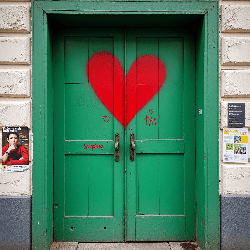 A large red heart is spray-painted on closed green doors with posters on the walls beside them.