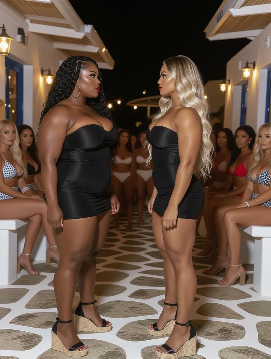 Two muscular women stand face to face in black bandage dresses. One woman has black curly hair while the other has long blonde wavy hair. They are in high espadrille heels. The setting is a bar in Mykonos at night with a crowd of women in the background.