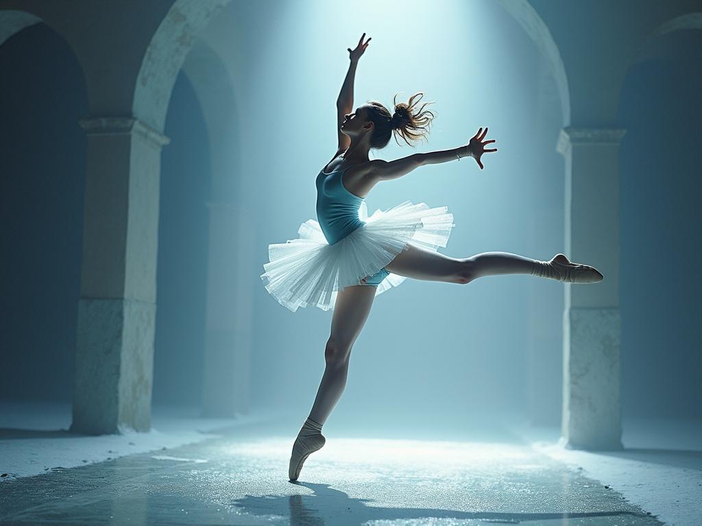 A ballerina is captured in a dynamic leap mid-air. The scene is illuminated by dramatic spotlights creating a mystical atmosphere. Soft shadows and textures can be seen in the background, adding depth.