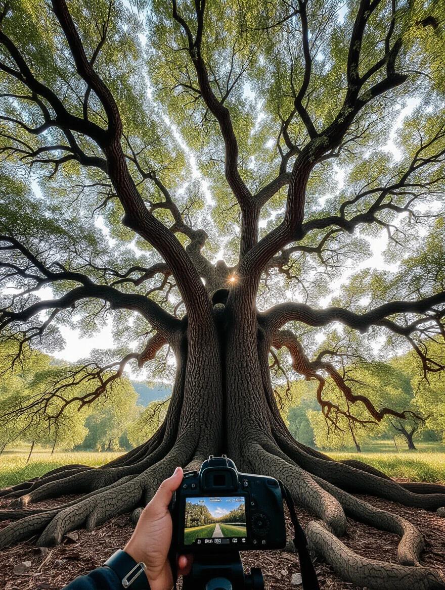 Low-angle shot of an ancient oak tree with a camera at ground level. The tree appears giant against the sky. View shows epic perspective.