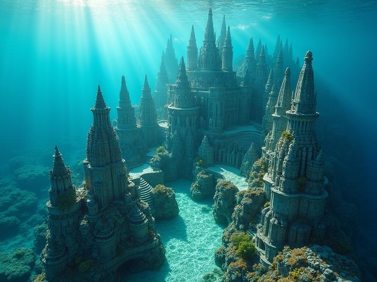 Underwater city with intricate coral structures and pathways. Hyper-realistic digital painting style. Sunlight filters through the water illuminating buildings. Stunning details and clarity invite exploration of the underwater world.