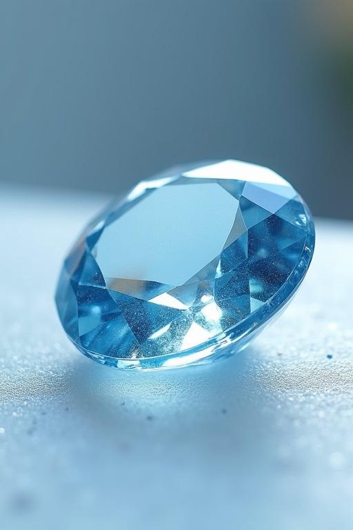 Photorealistic macro shot of Jeremejevite gemstone. Icy blue to colorless transparent crystal. Perfectly faceted and shimmering. Subtle internal reflections on frosted glass surface. Minimalistic background with soft bokeh. High-definition and ultra-detailed texture.