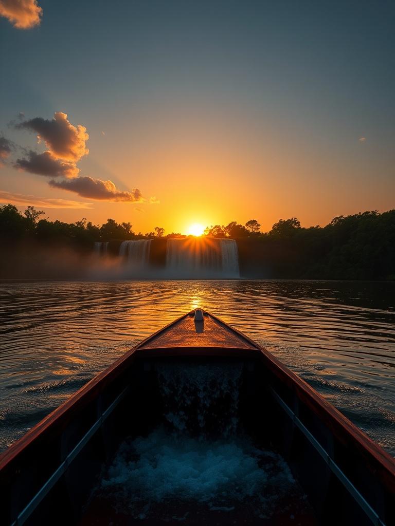 This captivating image captures a tranquil sunset moment on a lake with a small boat prominently in the foreground. The golden glow of the setting sun paints the sky and reflects off the water, creating a harmonious blend of warm hues. In the background, a waterfall softly cascades, adding a natural element to the serene scene.