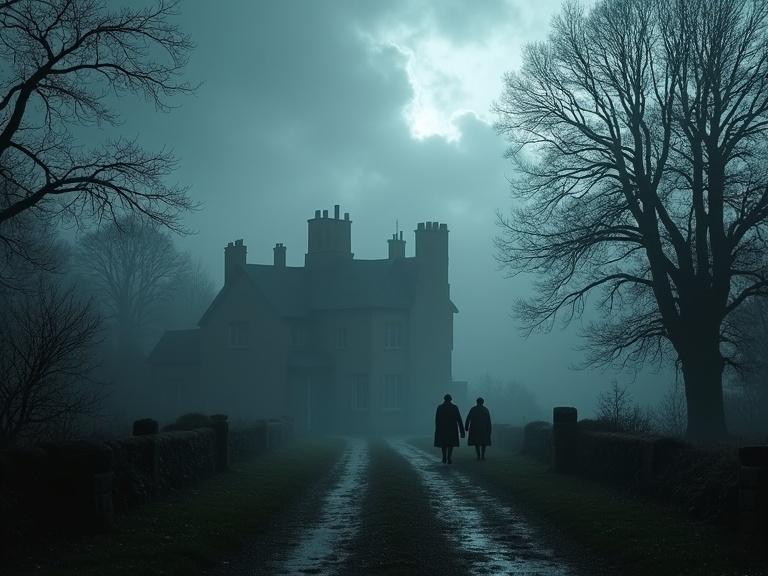 A gloomy English countryside estate is surrounded by dark woods and thick fog. Sherlock Holmes and Dr. Watson are investigating a mysterious crime scene near a stone manor. Ominous clouds gather overhead casting long shadows. The mood is filled with dread and suspense.