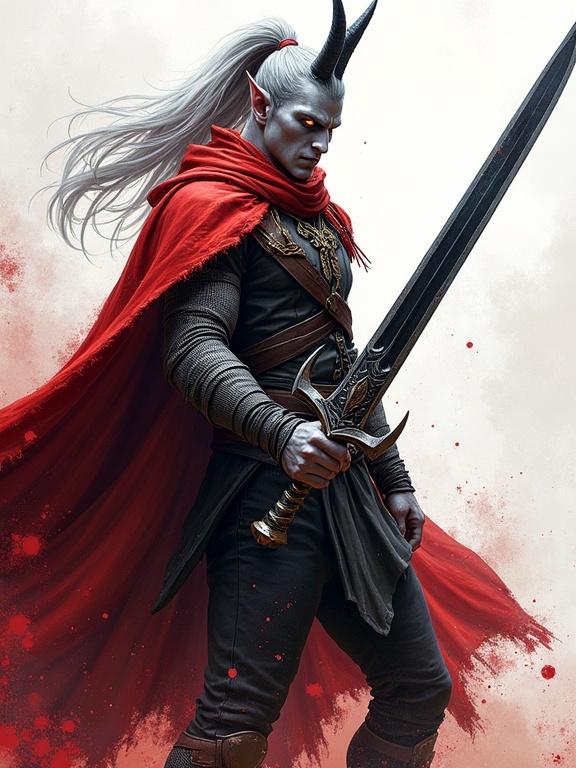 Colored sketch of a tall male tiefling mid-swing with a longsword. Ash-gray skin and amber glowing eyes. Long silver hair in a ponytail. Sleek black curved horns and chainmail shirt. Red cloak and shield on back. Blood splashing around. Dynamic action pose.