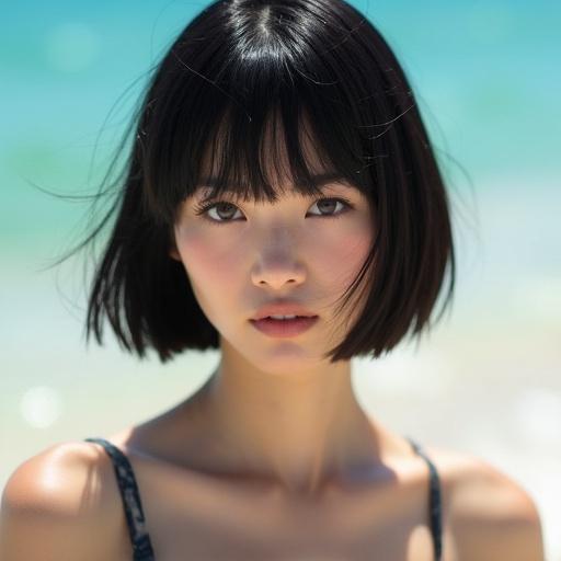 Japanese girl with dark straight bob hairstyle on sunny beach. Girl appears angry in close-up portrait.