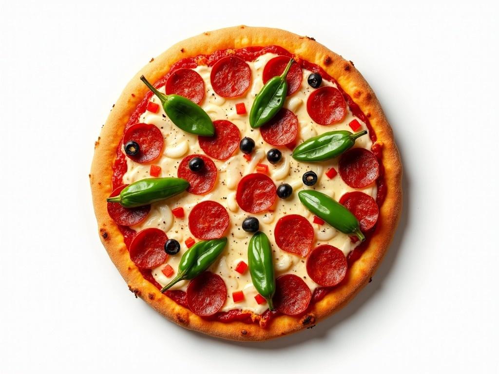 Generate an image of a pizza viewed from a top-down angle with a thin, golden-brown crust. The background should be plain white, and lighting should be soft and even to highlight the toppings. Use pepperoni, green peppers, olives, and cheese as the main ingredients. Ensure the pizza appears appetizing, with a balanced distribution of toppings for visual appeal. Maintain consistency in style and theme across all images.