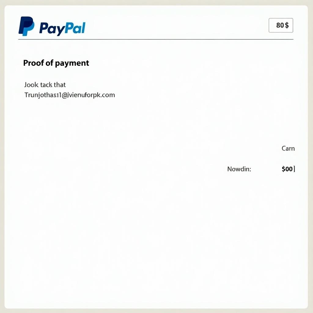 Illustrate a proof of payment from PayPal. Display a transaction of 80$. Include a recipient email. Feature a design characteristic of PayPal.