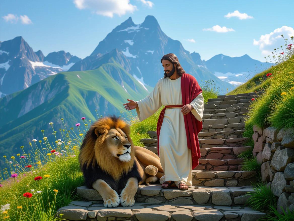 Jesus walking down stone steps alongside a lion in a majestic mountain landscape. Lush green grass and vibrant flowers adorn the surroundings. The scene is bathed in warm sunlight and depicts a serene and peaceful environment.