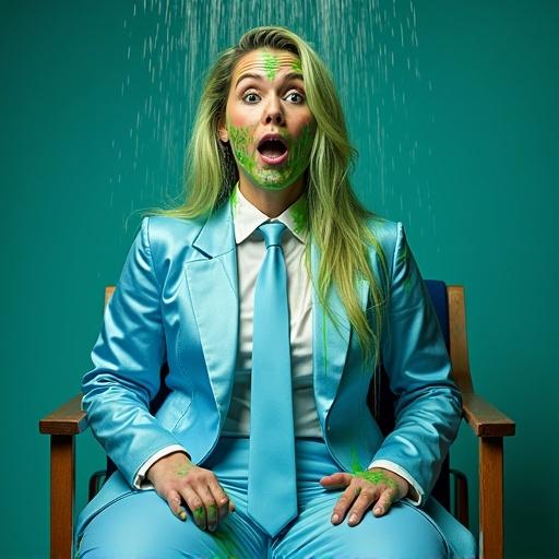 Photo of a woman in a blue satin business suit and tie. White satin shirt underneath. Blue satin leggings. She plays Tank Gunge game show. Sitting under a green gunge shower. Face and hair covered in gunge and slime. Clothes splattered with gunge. Gunge drizzled on head. Seated in a chair. Gunge on shiny light blue suit and tie. Scene in a television studio. Woman looks surprised. TV presenter and audience laugh.