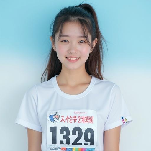 Photo features an attractive mixed heritage track-and-field athlete. She has a ponytail hairstyle and wears a white uniform with bibs. A gentle smile is present. The background has a light blue gradation. The bib features the word RIONA and the number 1329. Flash lighting is used.