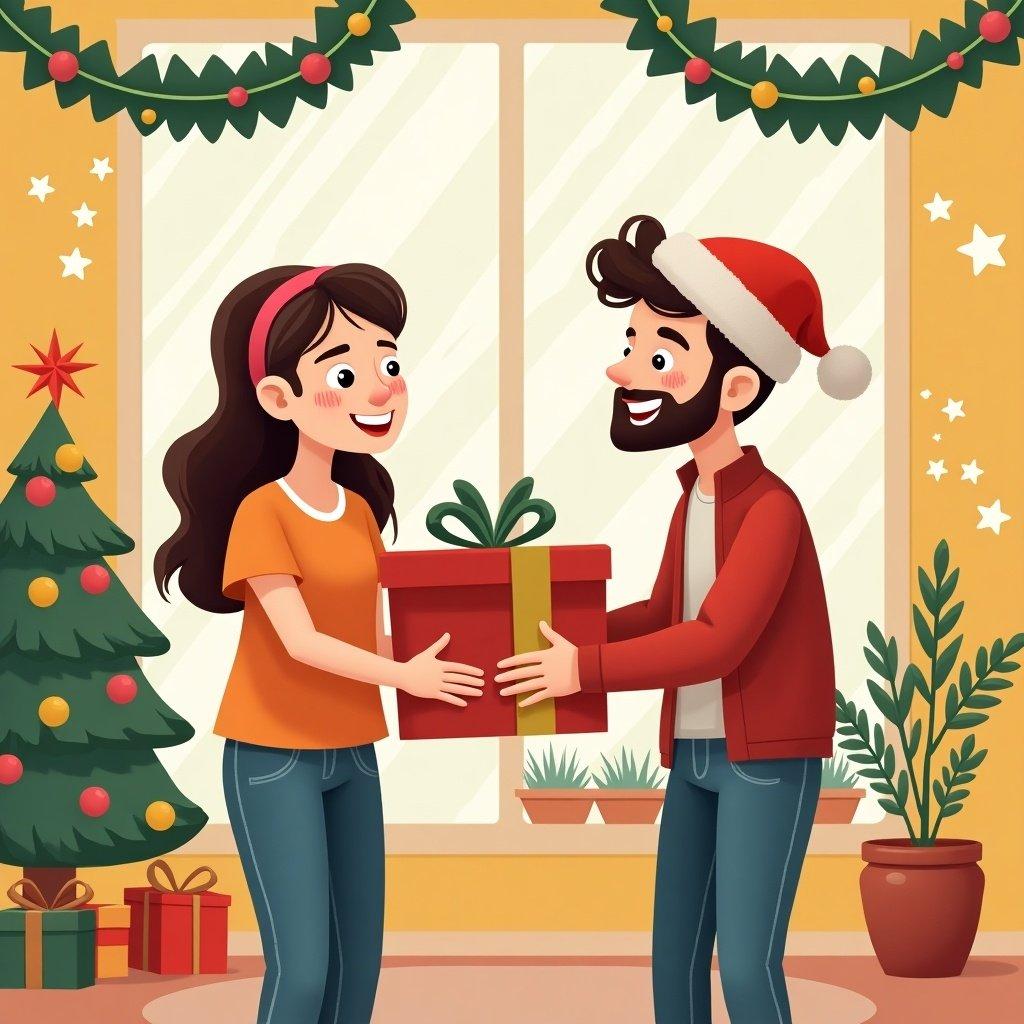 A cheerful scene of two young people exchanging a gift during the holidays. They are in a decorated room with a Christmas tree and festive garlands. One character smiles while holding a red gift box, while the other looks happy to receive it.