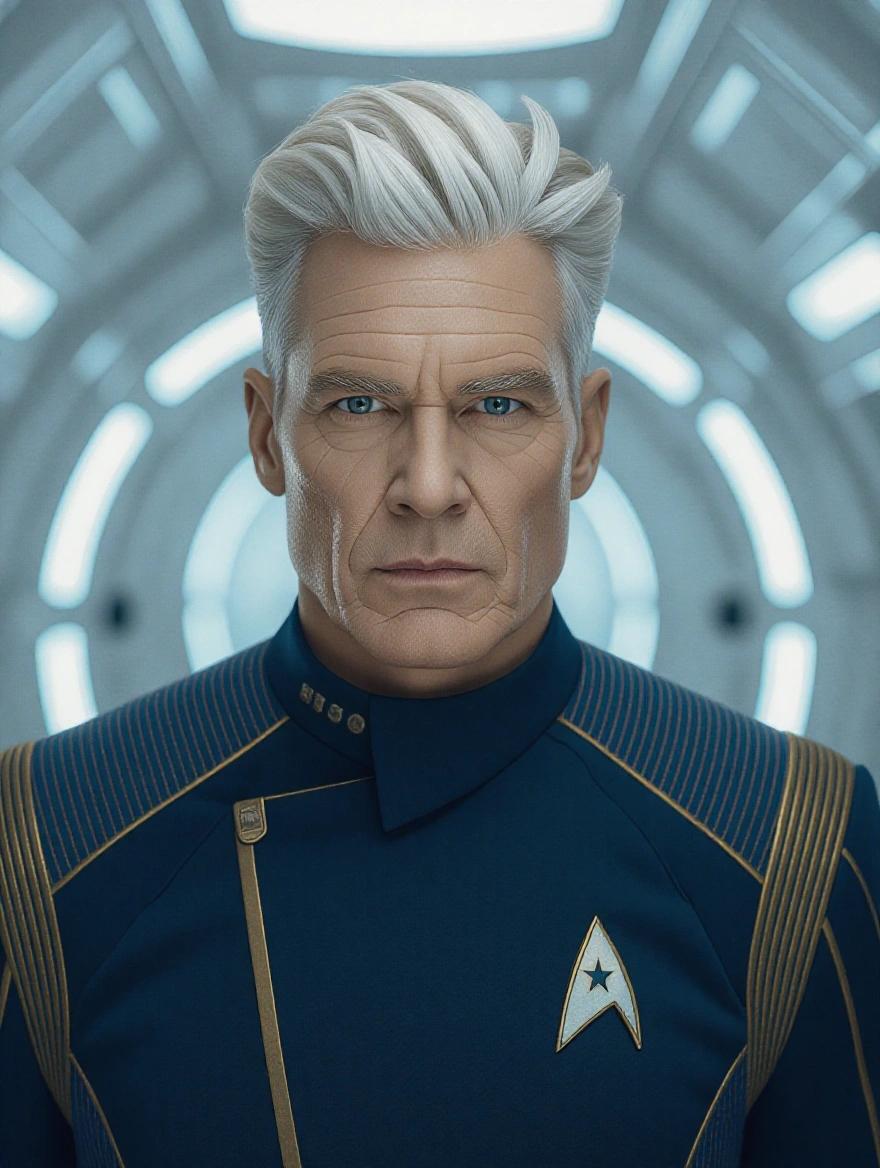 Hyper-realistic portrayal of a captain character inspired by Star Trek. Character has white hair, pale skin, and blue eyes. Wears Star Fleet clothing with a pin logo. Muscular build and dynamic composition. Set in a futuristic environment.