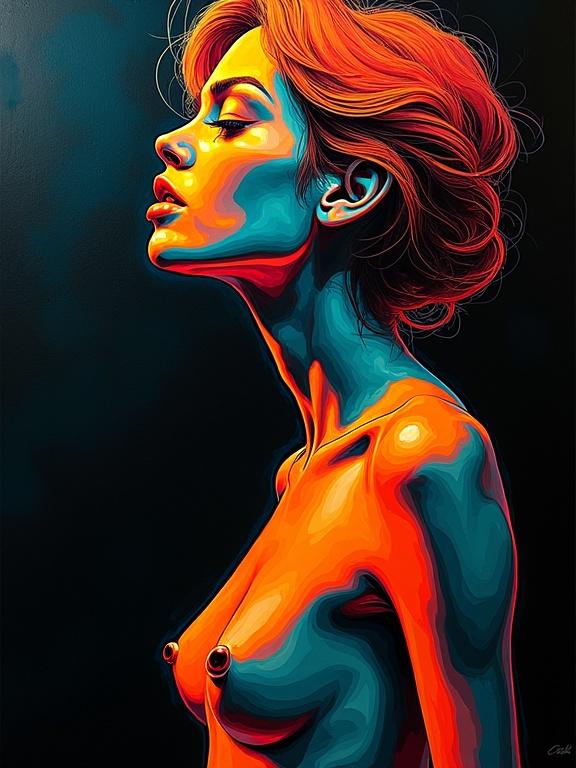 Abstract artwork features stylized female figure with bold contrasting colors. Vibrant orange-reds and teal-blues accentuate the figure's curves. Deep black background allows colors to pop. Fluid lines give impression of movement. Artwork exudes futuristic sci-fi vibe.