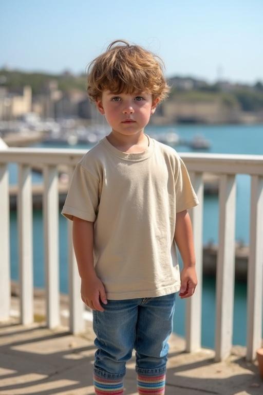 Young boy wearing large beige t-shirt and blue jeans. Colorful ankle socks visible. Standing on balcony overlooking sunny harbor. Has light brown tousled hair. The scene is peaceful and quiet.