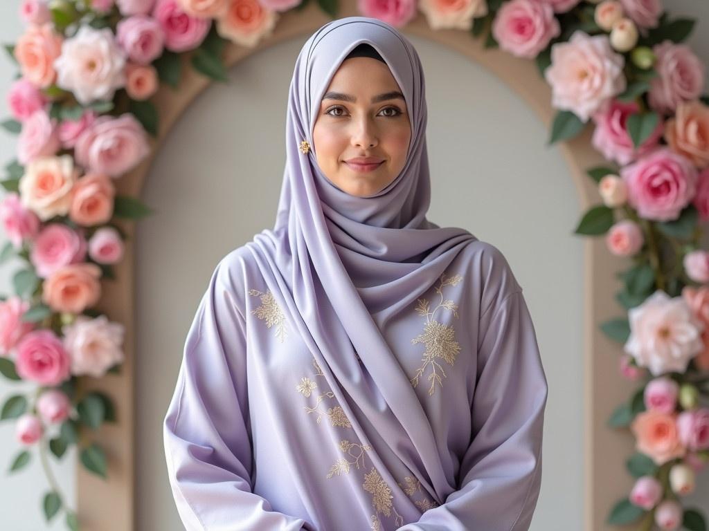 The woman is wearing a stylish abaya in a flowing fabric that drapes elegantly around her. The abaya is in a soft shade, possibly lavender or grey, and is adorned with subtle embroidery that adds to its charm. Her hijab is styled in a traditional Pakistani manner, wrapping around her head neatly and enhancing her overall appearance. The background features a beautiful floral arrangement in pastel colors, providing a vibrant contrast to her outfit. The scene is set to capture a sense of grace and cultural beauty.