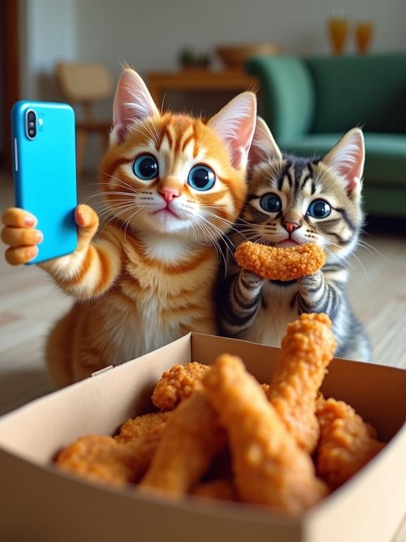 Two animated cats taking a selfie. One cat is orange with bright blue eyes. The other is a gray tabby also with blue eyes. Both are enjoying fried chicken. The background features a cozy living room setting with neutral tones and a green chair.