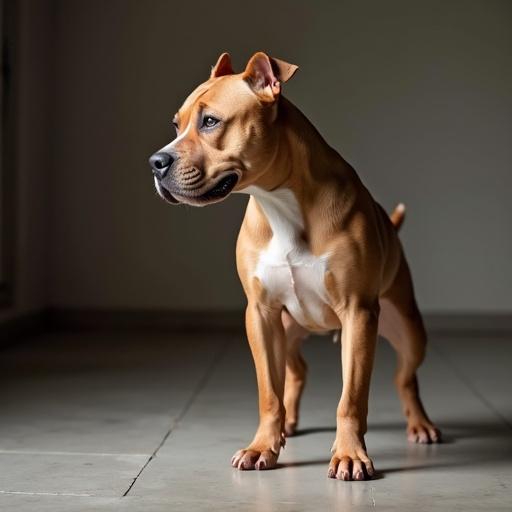 Pitbull standing on the floor. Dog shown in side view on a smooth surface. Natural light highlights the dog's features.